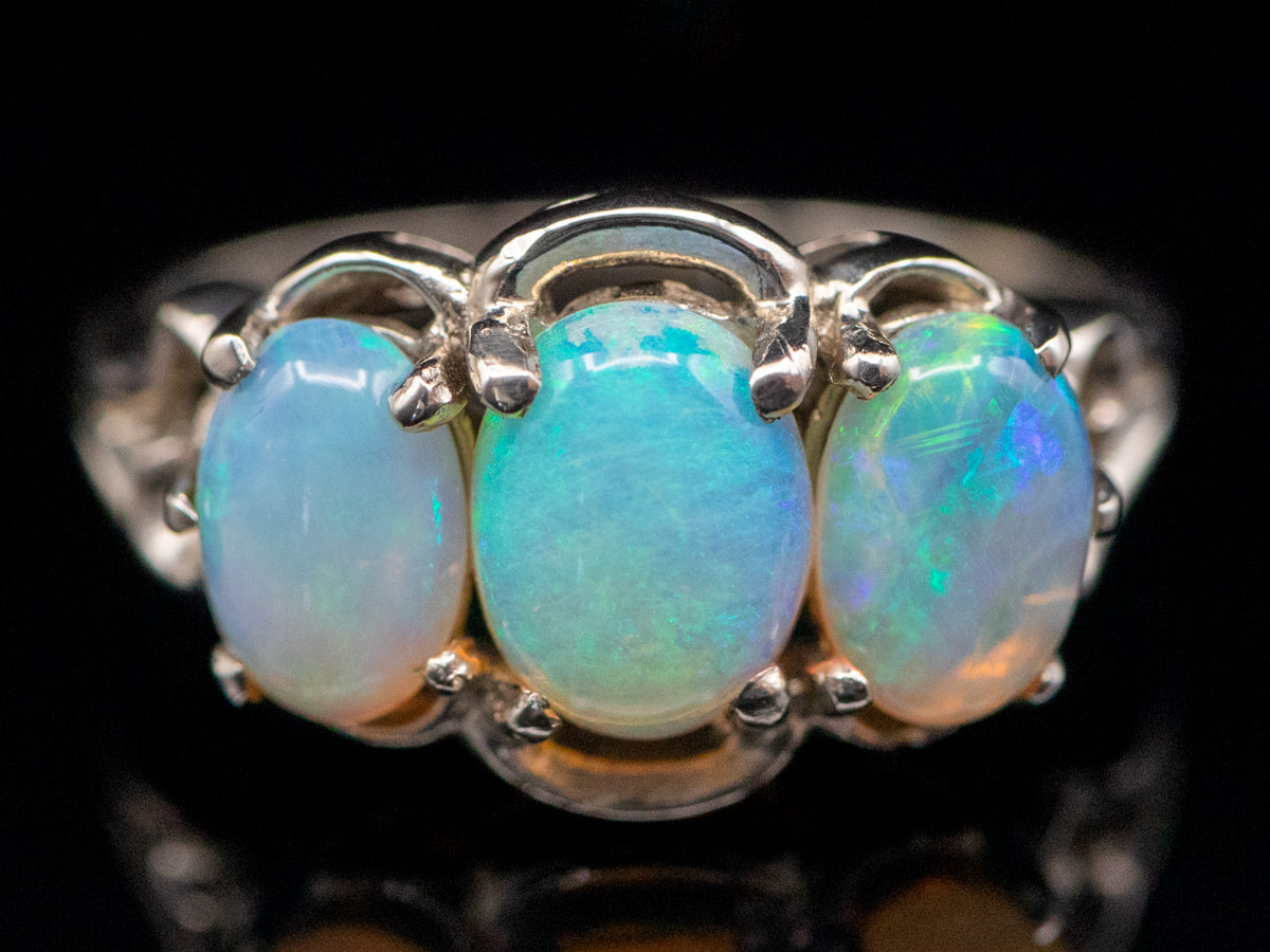 White Gold Ornate Triple Opal Oval Ring