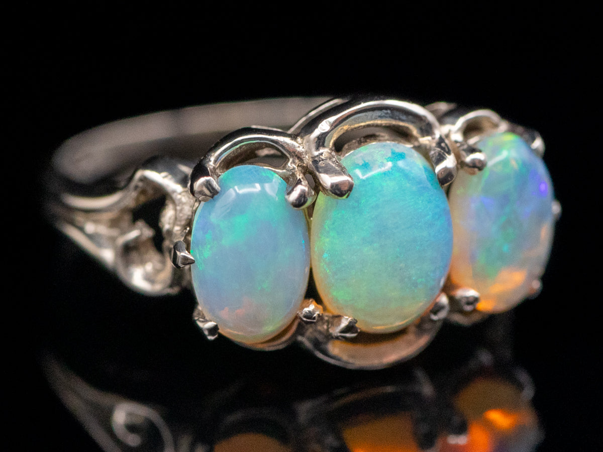 White Gold Ornate Triple Opal Oval Ring