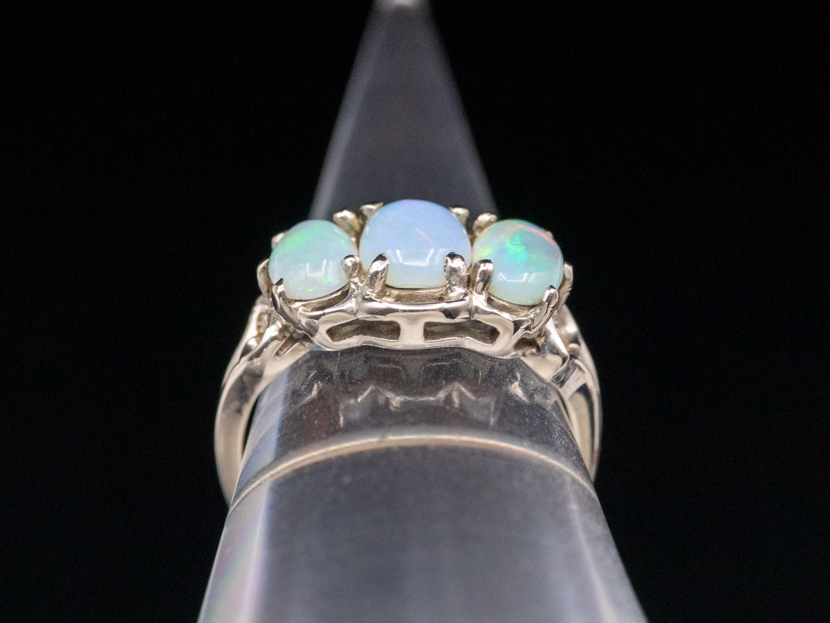 White Gold Ornate Triple Opal Oval Ring