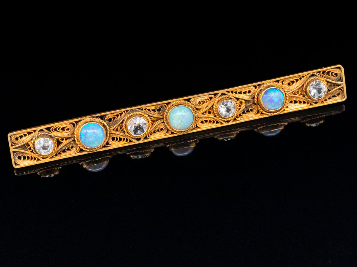 Australian Opal and Aquamarine Gold Filigree Bar Pin