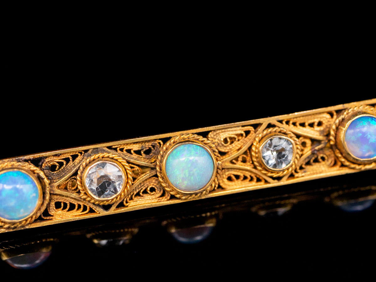 Australian Opal and Aquamarine Gold Filigree Bar Pin