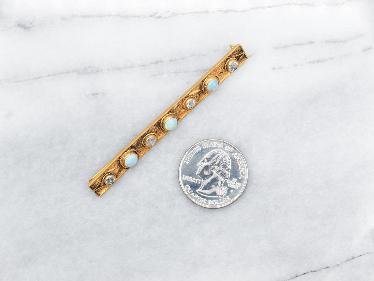 Australian Opal and Aquamarine Gold Filigree Bar Pin