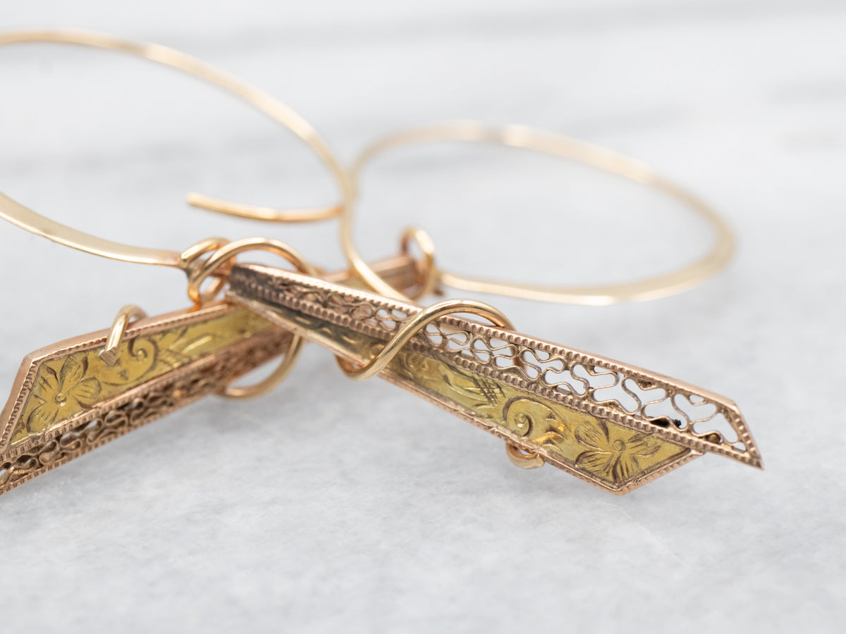 Mixed Era Etched Scrolling Gold Drop Earrings