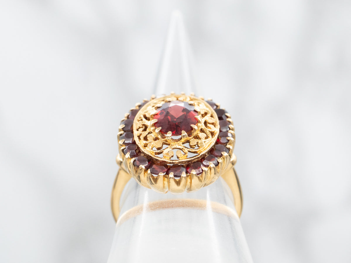 Ornate Gold Filigree Garnet Halo Cocktail Ring