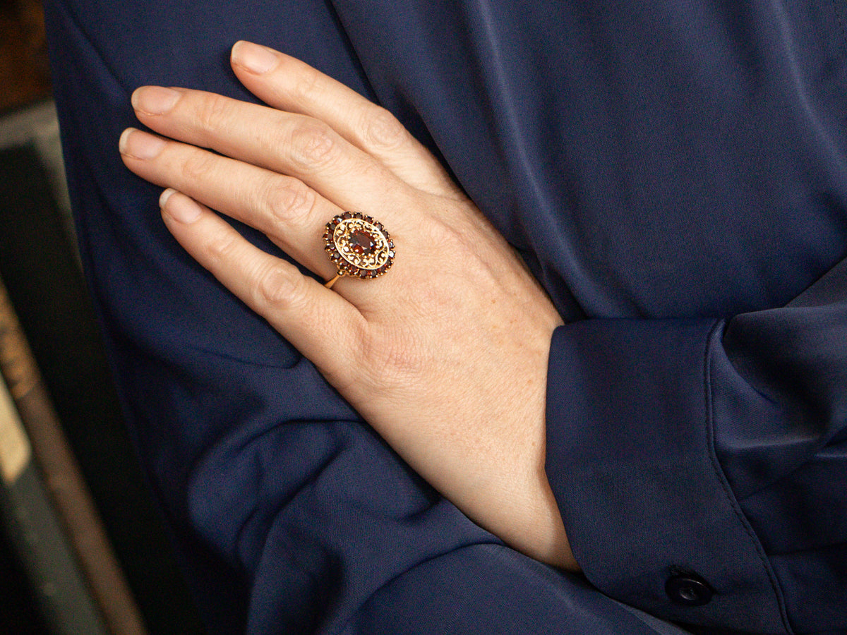 Ornate Gold Filigree Garnet Halo Cocktail Ring