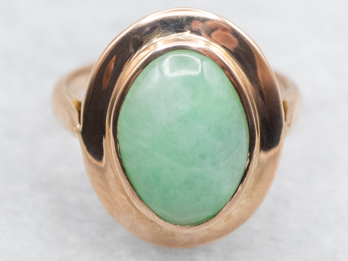 Anillo de jadeíta ovalado con engaste de bisel de oro amarillo de 14 quilates, tamaño: 3,75