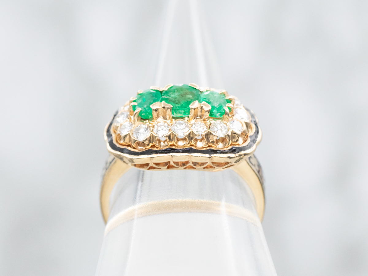 Vintage Emerald and Black Enamel Ring with Diamond Halo