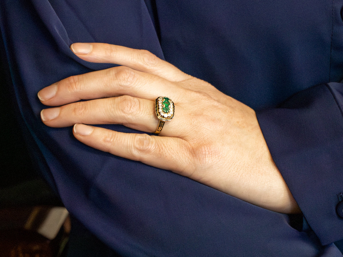 Vintage Emerald and Black Enamel Ring with Diamond Halo