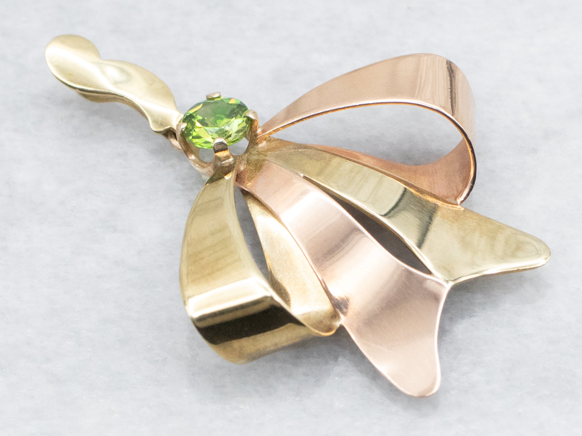 Retro Era Rose and Green Gold Bow Pendant with Demantoid Garnet