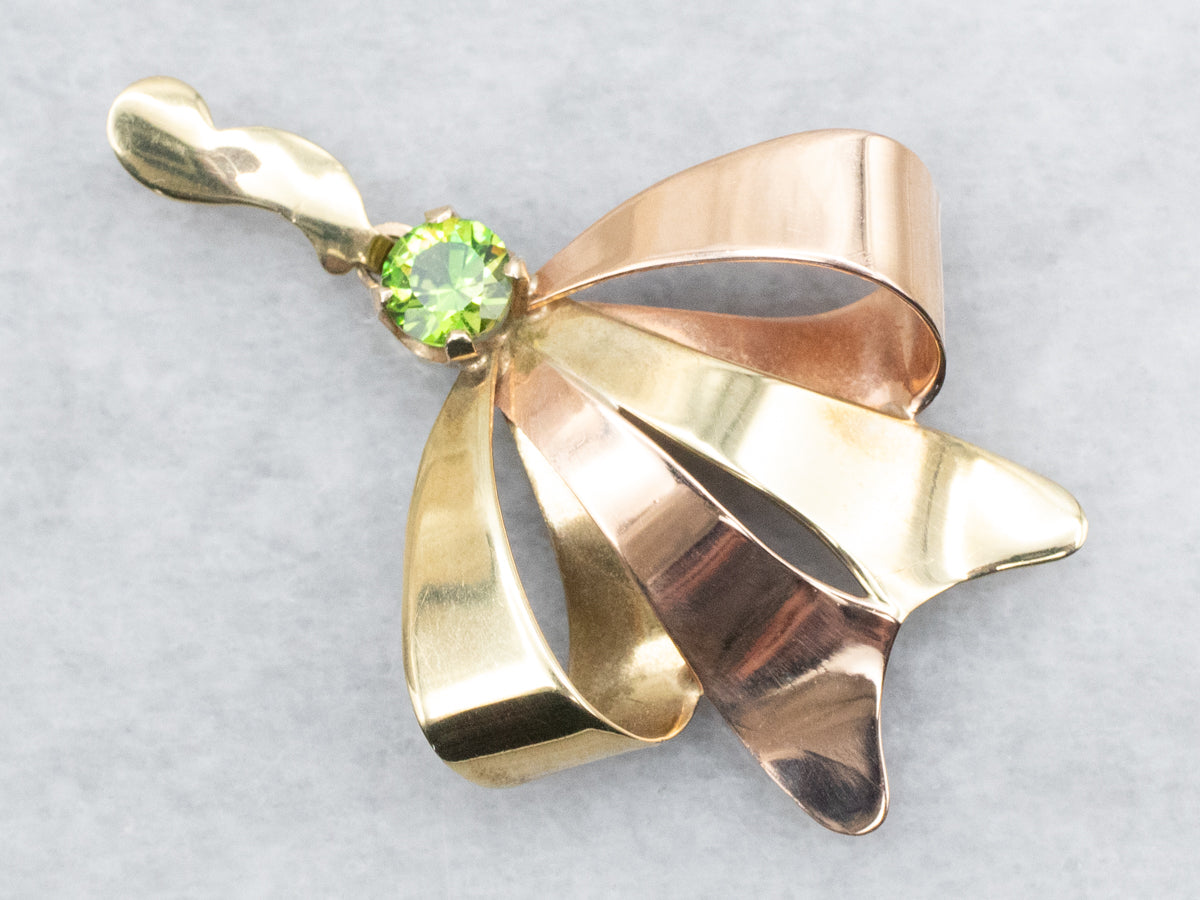 Retro Era Rose and Green Gold Bow Pendant with Demantoid Garnet