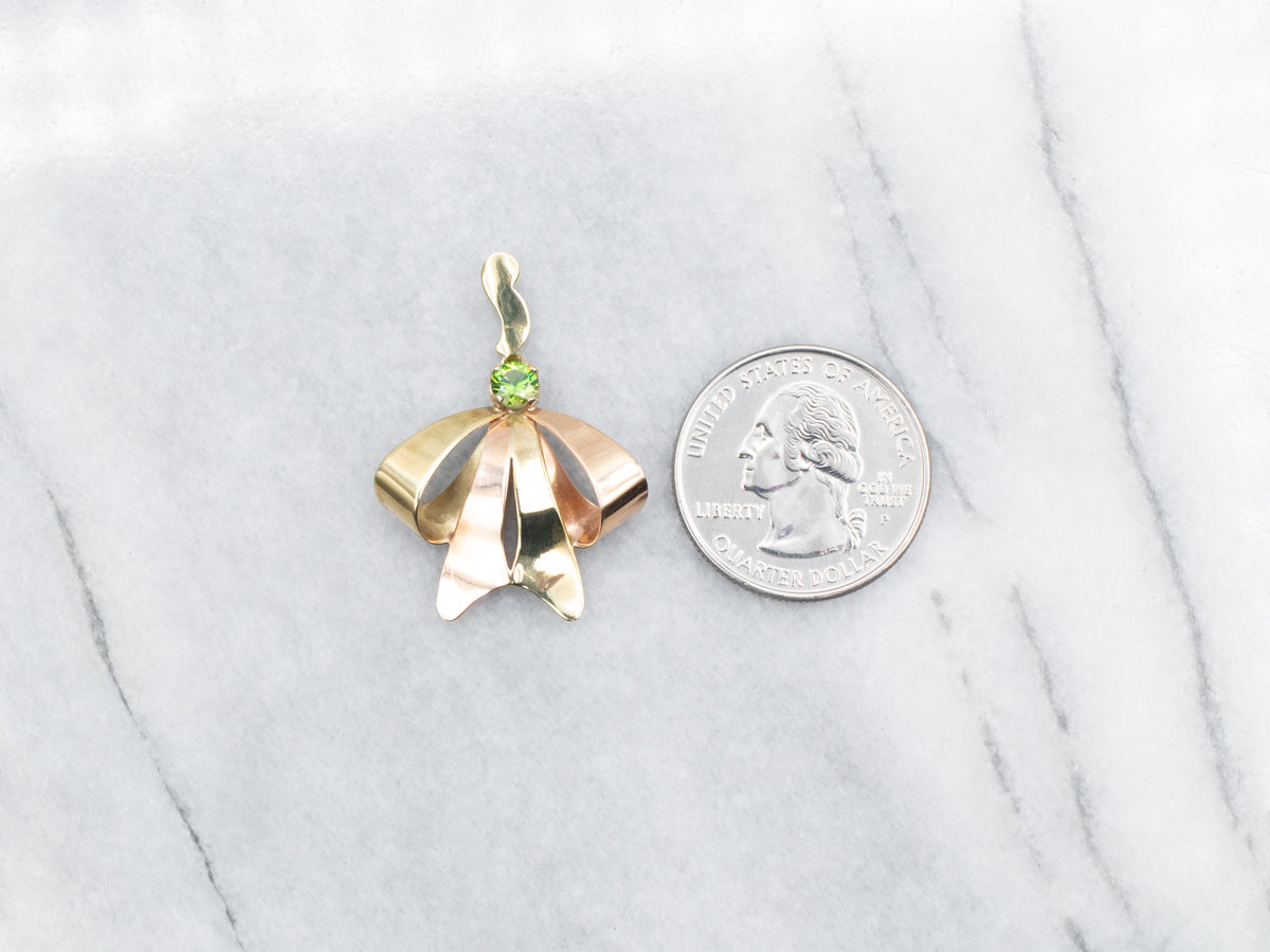 Retro Era Rose and Green Gold Bow Pendant with Demantoid Garnet