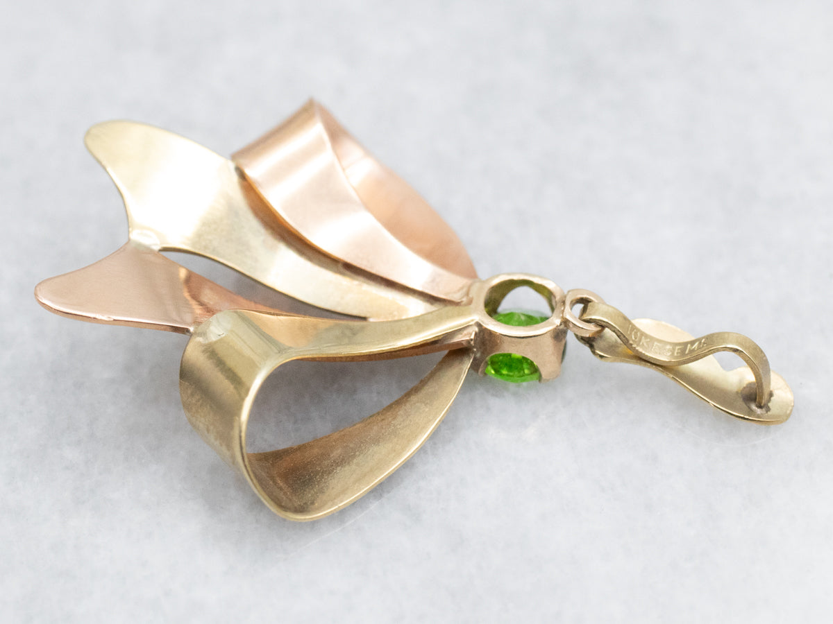 Retro Era Rose and Green Gold Bow Pendant with Demantoid Garnet