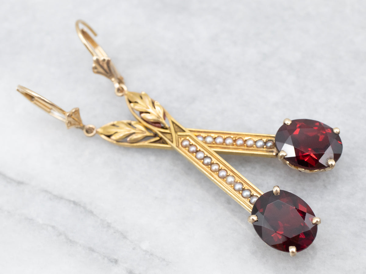 Gleaming Yellow Gold Garnet and Seed Pearl Drop Earrings