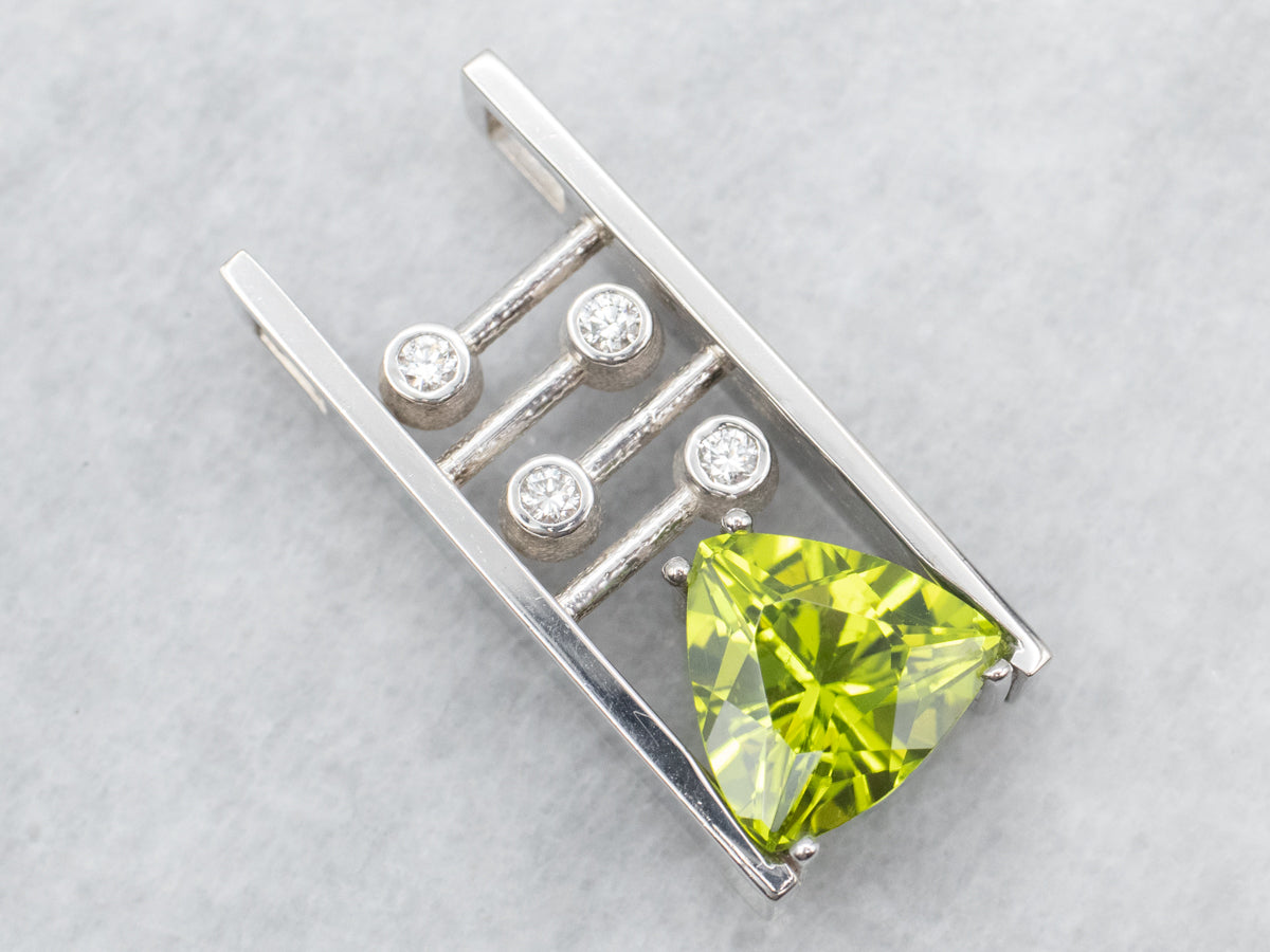 Modernist Trillion Cut Peridot and Diamond Pendant