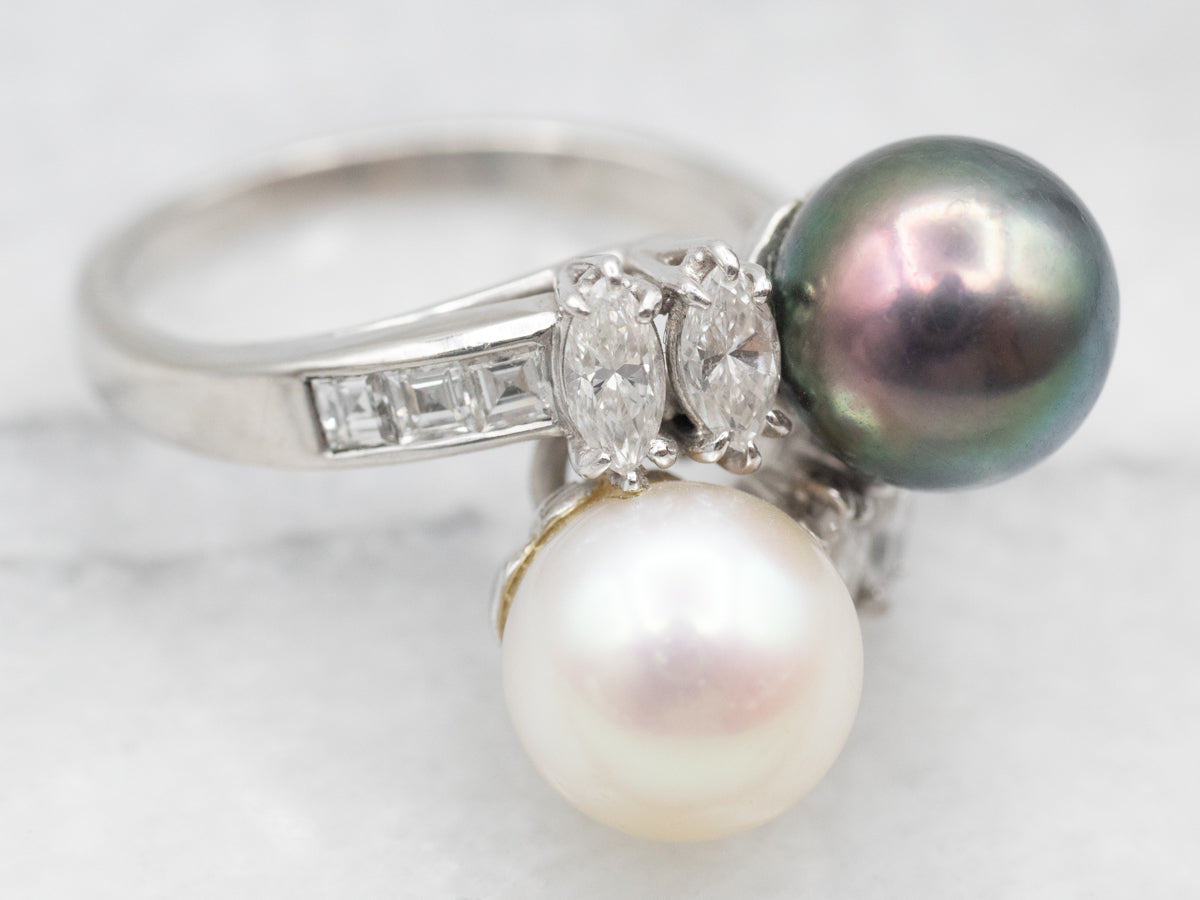 Platinum Black Pearl White Pearl Diamond Bypass Ring