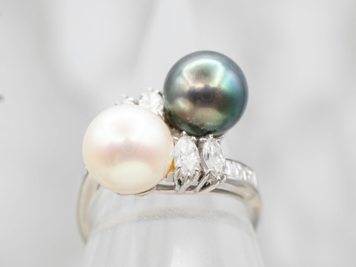 Platinum Black Pearl White Pearl Diamond Bypass Ring