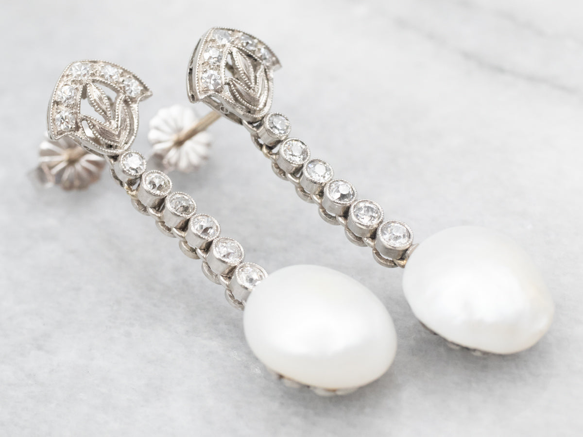 White Gold Pearl and Diamond Drop Earrings