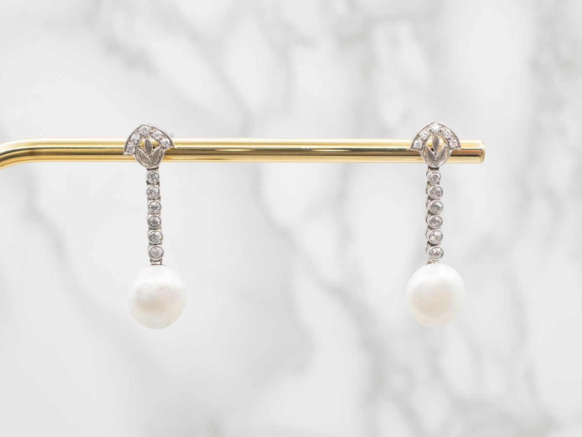 White Gold Pearl and Diamond Drop Earrings