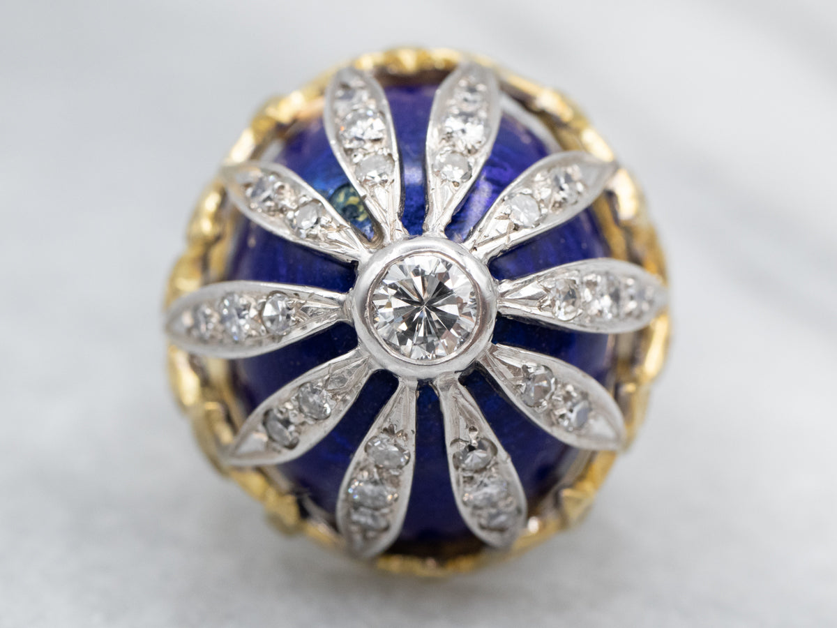 Floral Diamond Encrusted Blue Enamel Dome Cocktail Ring