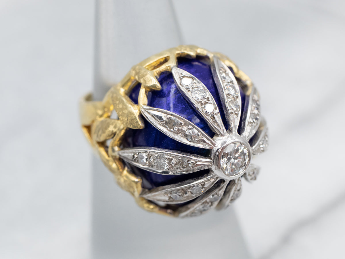 Floral Diamond Encrusted Blue Enamel Dome Cocktail Ring