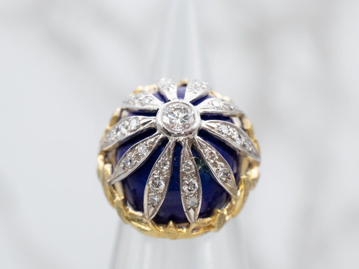 Floral Diamond Encrusted Blue Enamel Dome Cocktail Ring