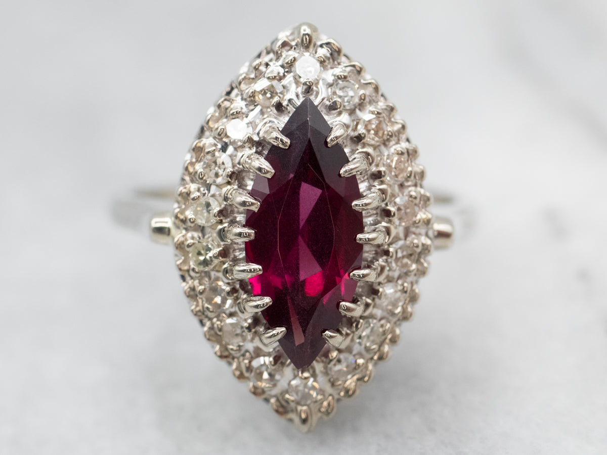 Marquise Rhodolite Garnet and Diamond Halo Statement Ring