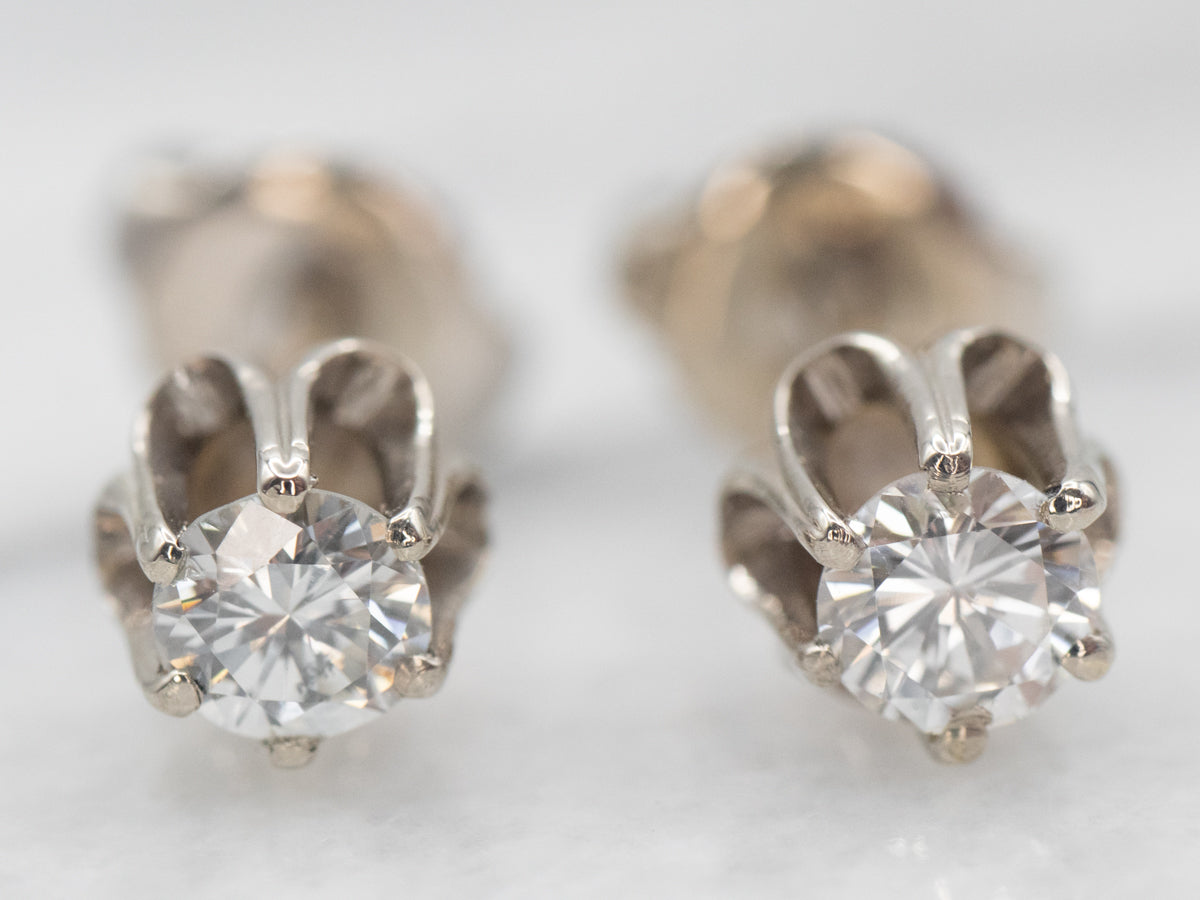 14K White Gold Vintage Buttercup Diamond Solitaire Stud Earrings