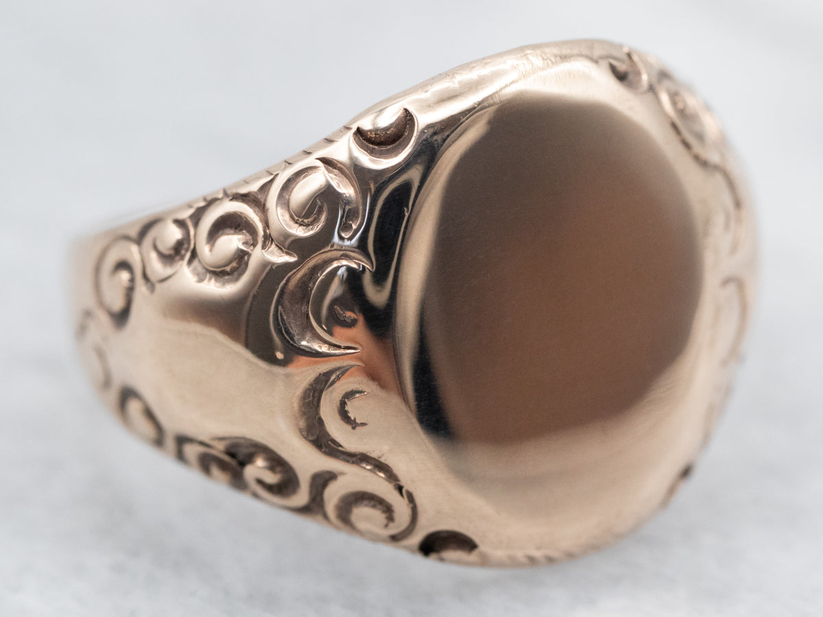 Antique Rose Gold Signet Ring with Scrolling Shoulders