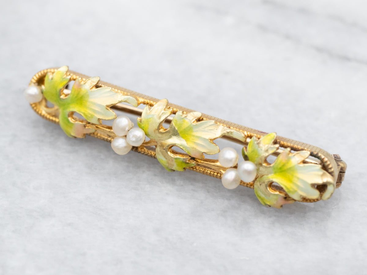 Sweet Gold Enamel and Seed Pearl Botanical Bar Brooch