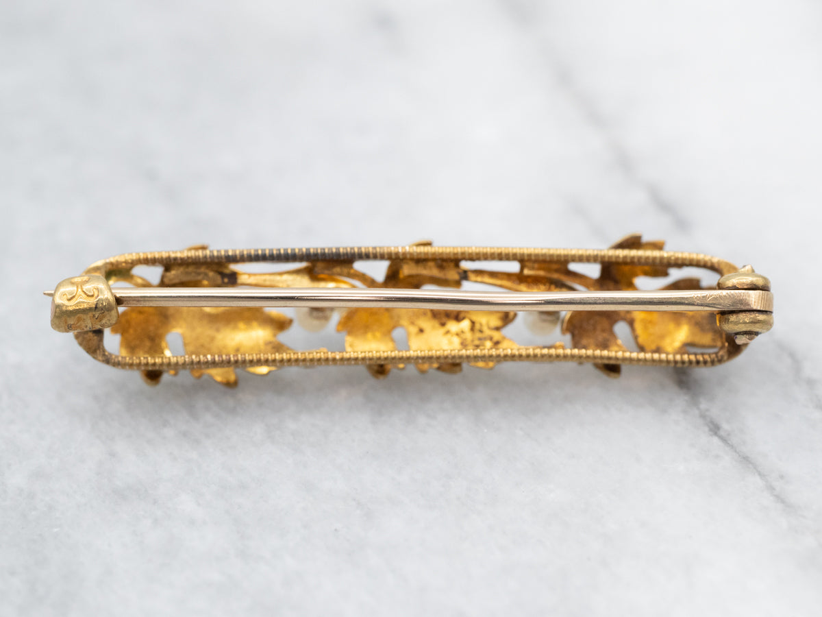 Sweet Gold Enamel and Seed Pearl Botanical Bar Brooch