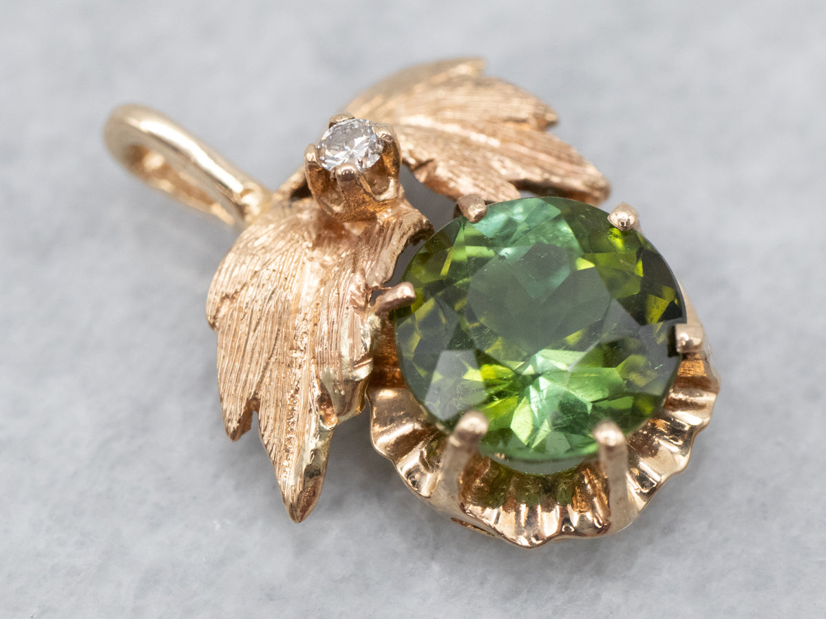 Yellow Gold Green Tourmaline and Diamond Botanical Pendant