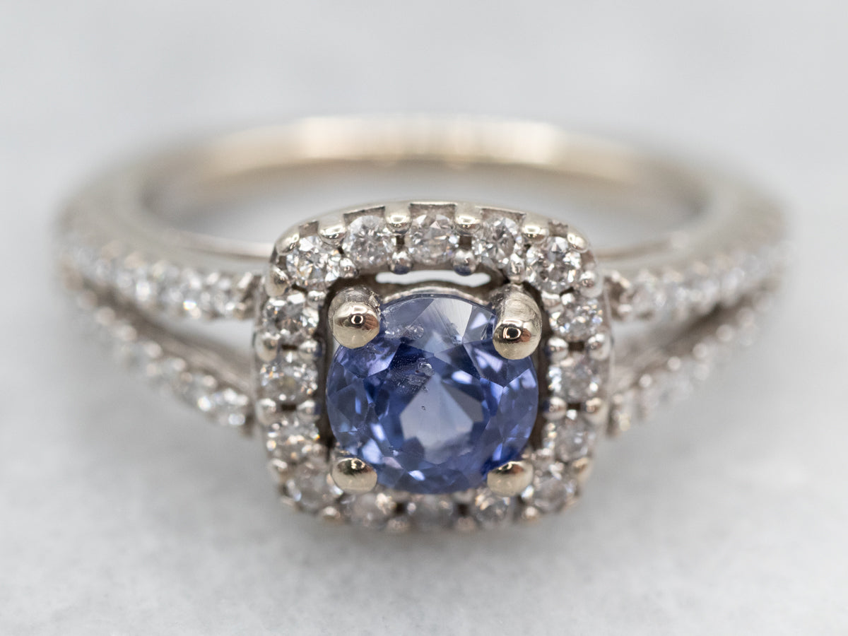 Modern Sapphire and Diamond Halo Ring