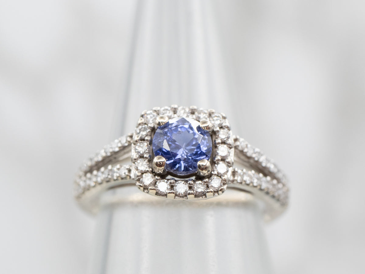 Modern Sapphire and Diamond Halo Ring