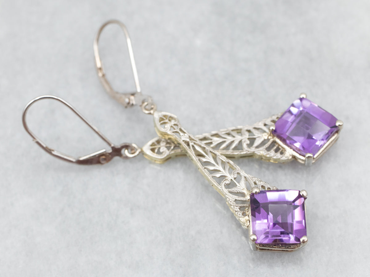 Art Deco Style Amethyst Solitaire Drop Earrings