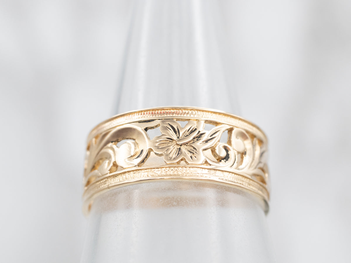 14K Yellow Gold Vintage Floral Design Wedding Men's Band