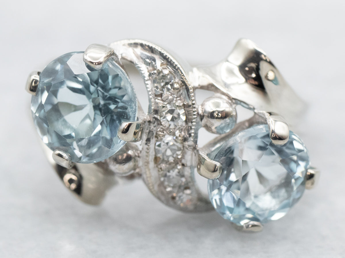 Blue Topaz and Diamond Toi et Moi Bypass Style Ring