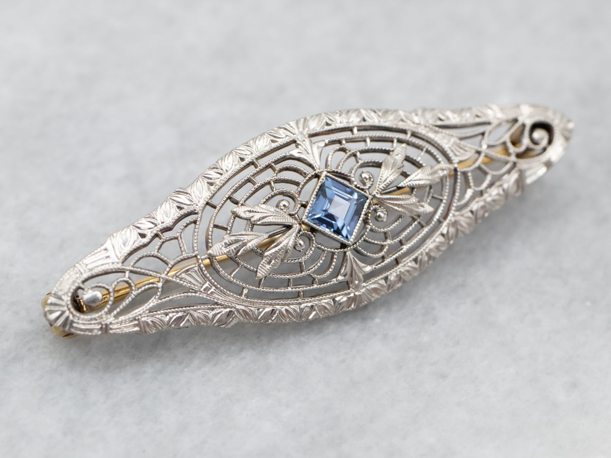 Art Deco Synthetic Sapphire Filigree Brooch