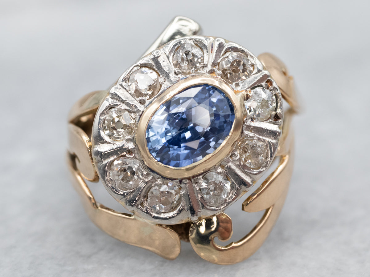 Graceful Two Tone Sapphire and Old Mine Cut Diamond Bypass Ring