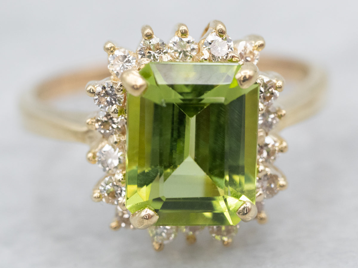 Beautiful Yellow Gold Peridot and Diamond Halo Ring