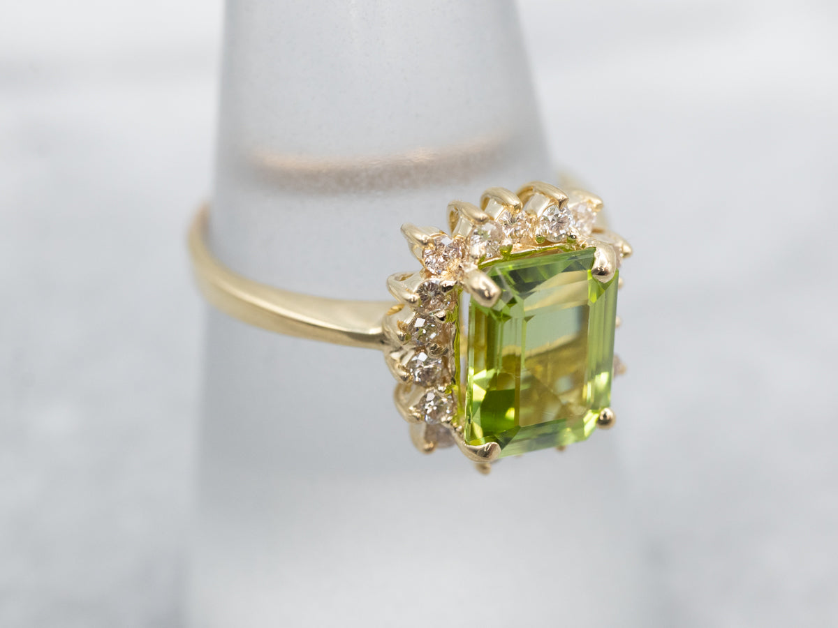 Beautiful Yellow Gold Peridot and Diamond Halo Ring