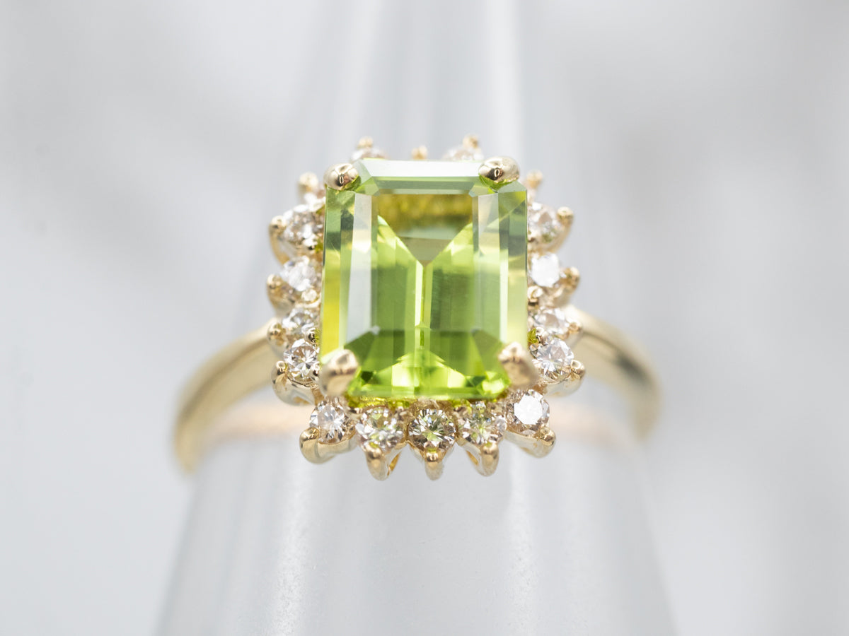 Beautiful Yellow Gold Peridot and Diamond Halo Ring