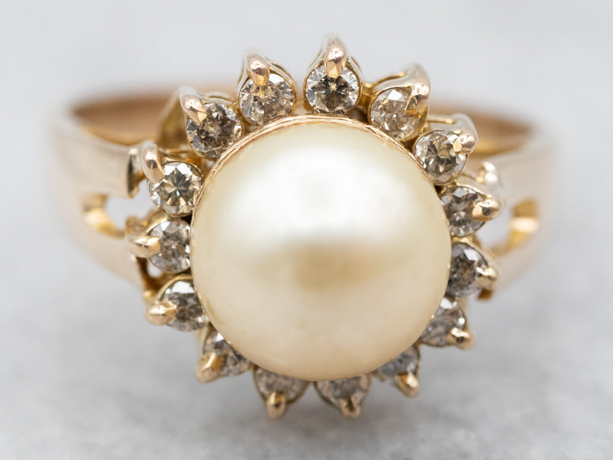 Champagne Pearl Ring with Champagne Diamond Halo Ring