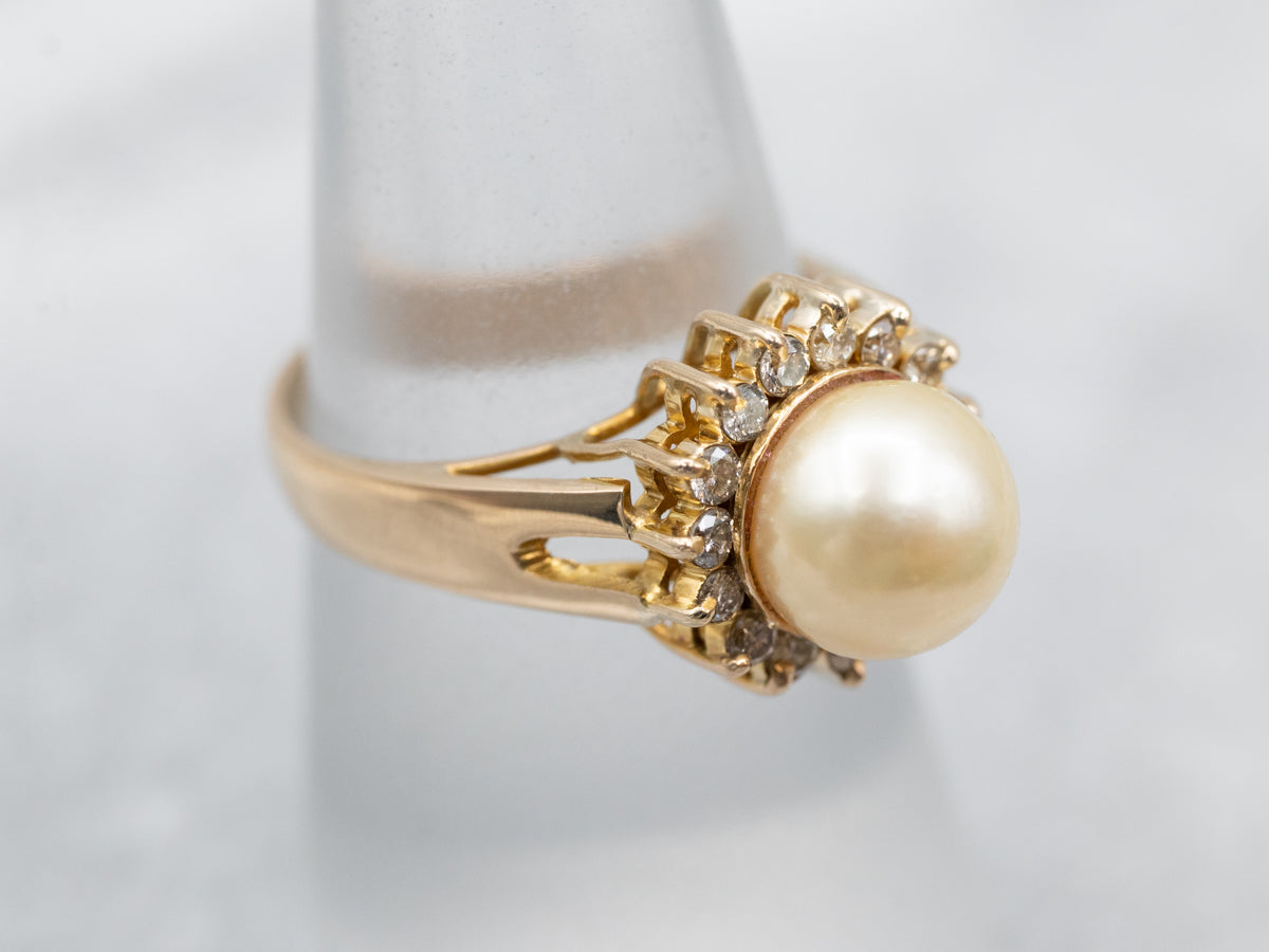 Champagne Pearl Ring with Champagne Diamond Halo Ring