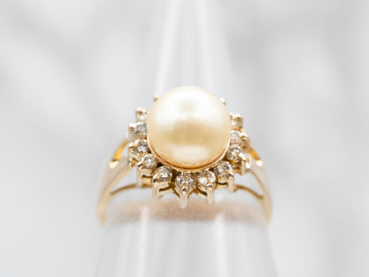 Champagne Pearl Ring with Champagne Diamond Halo Ring