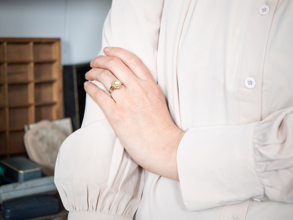 Champagne Pearl Ring with Champagne Diamond Halo Ring