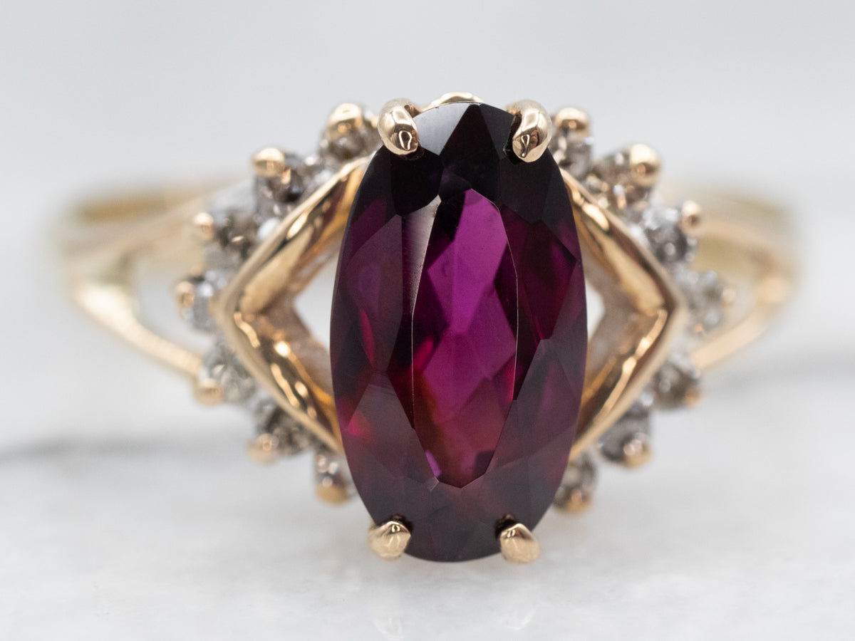 Glittering Yellow Gold Rhodolite Garnet and Diamond Ring