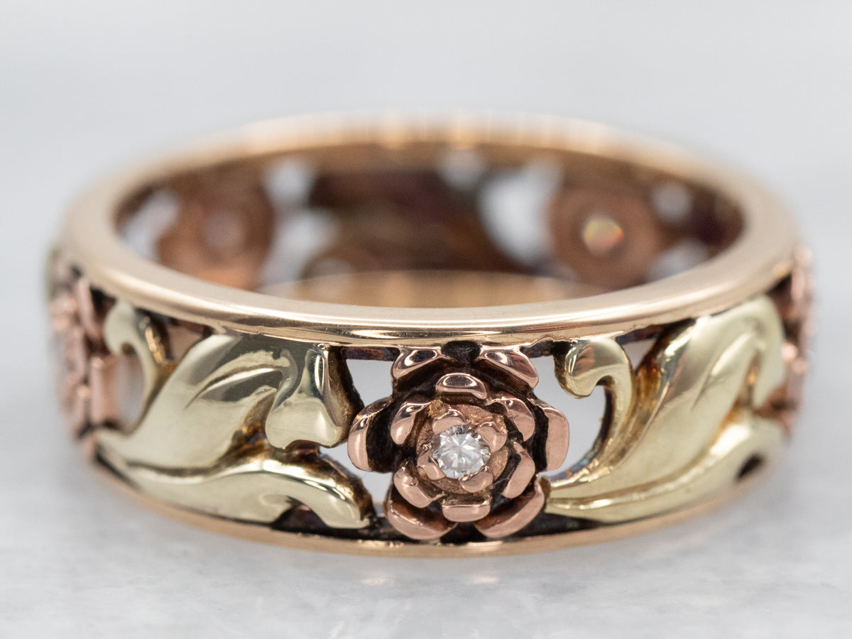 Yellow Gold and Rose Gold Diamond Floral Filigree Band