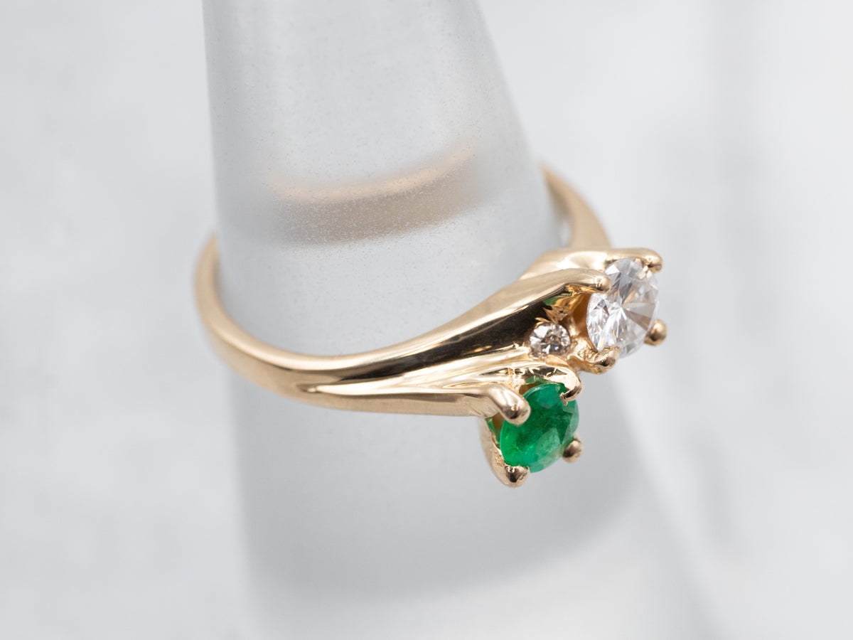 Vintage Gold Emerald and Diamond Bypass Ring