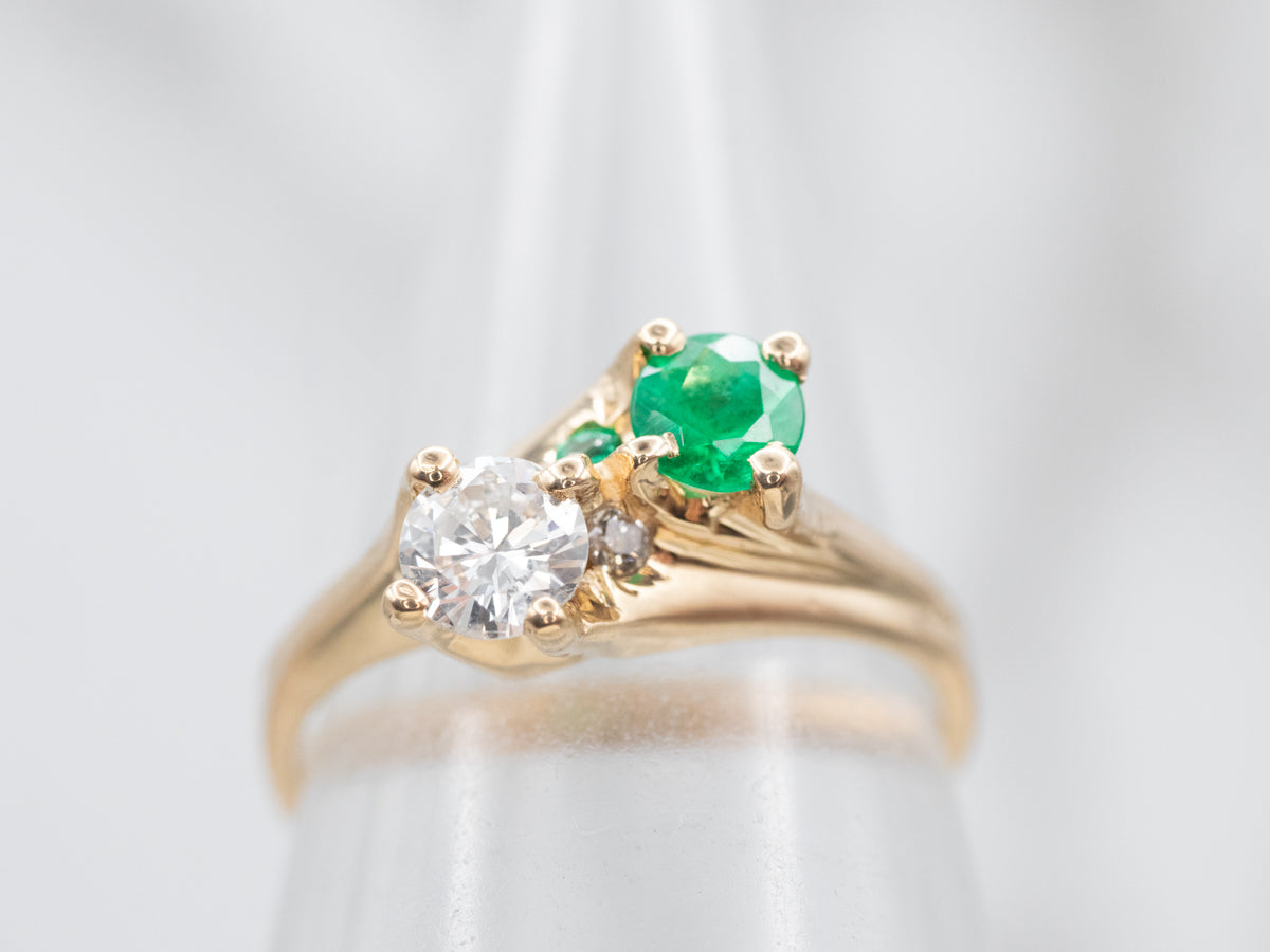 Vintage Gold Emerald and Diamond Bypass Ring