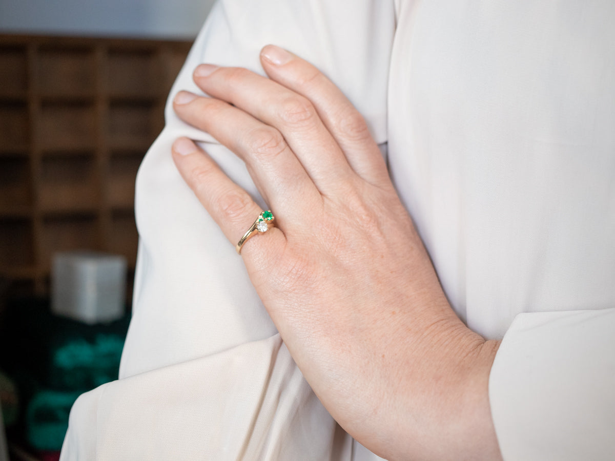 Vintage Gold Emerald and Diamond Bypass Ring